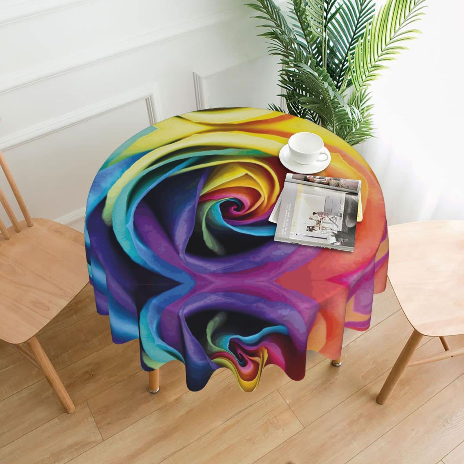 Lawenp Rainbow Rose Flower Decorative Round Table Cloths - 60 Inches in Diameter for Buffet Tables, Parties, Holiday Dinners.