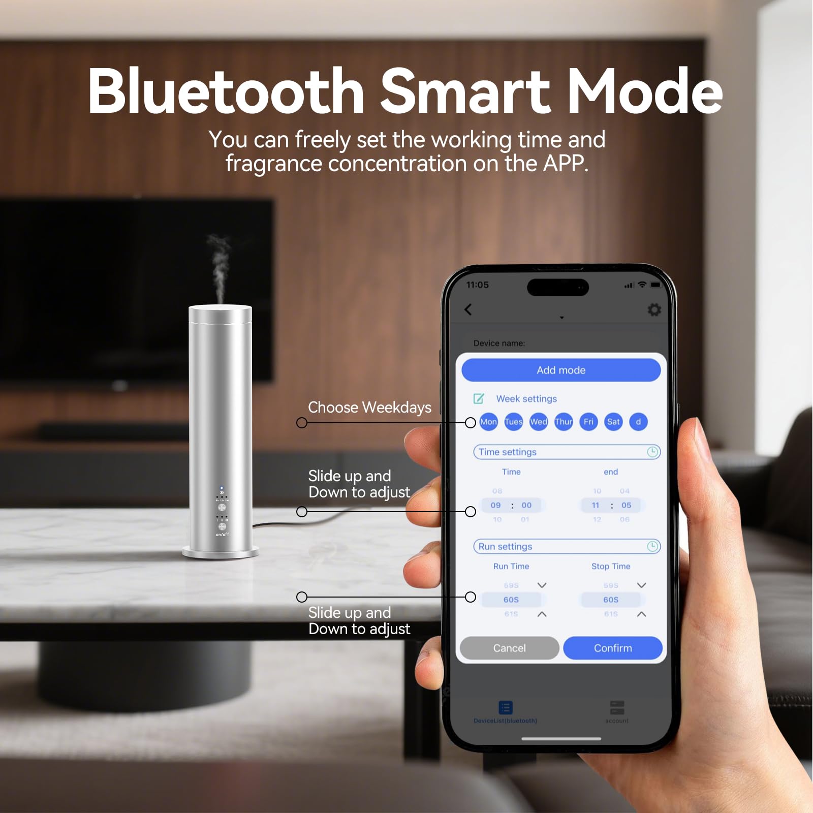 Wasserloser Diffusor für ätherisches Öl mit Bluetooth – 100 ml Kaltluft-Duftdiffusor, 6 Aromatherapie-Öle & Fernbedienung – Tragbarer Aromatherapie-Diffusor für Zuhause, Büro & Spa – Silber