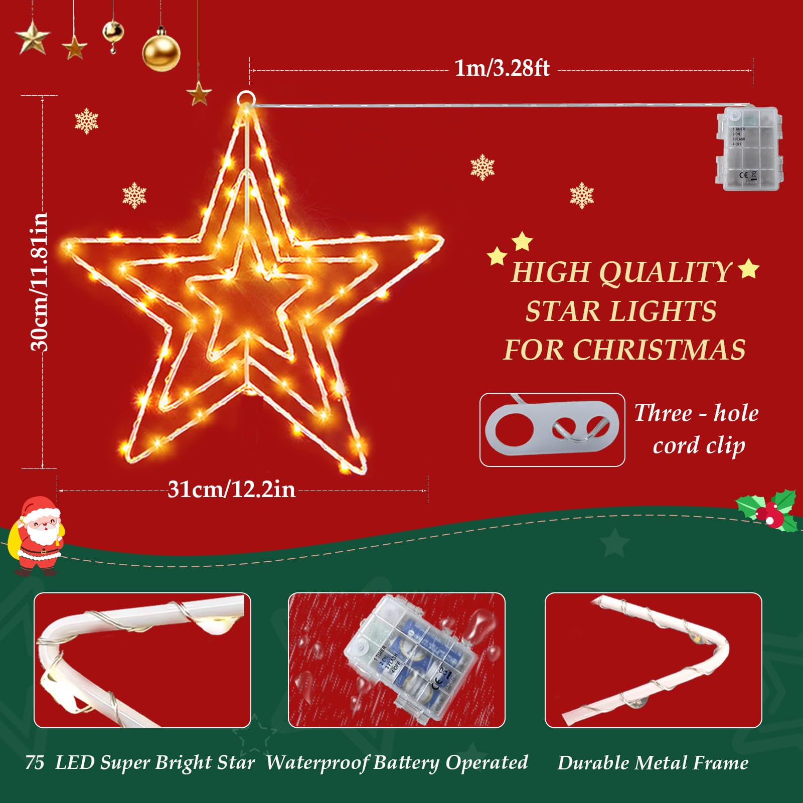 Cozymeow Grande in Metallo Decorazioni Natalizie per Esterno 2 Pezzi 75 LED Alimentazione a Batteria Stella Luminosa LED Esterno, Luci per Finestre Natale con Timer, Sospese per Stella di Natale