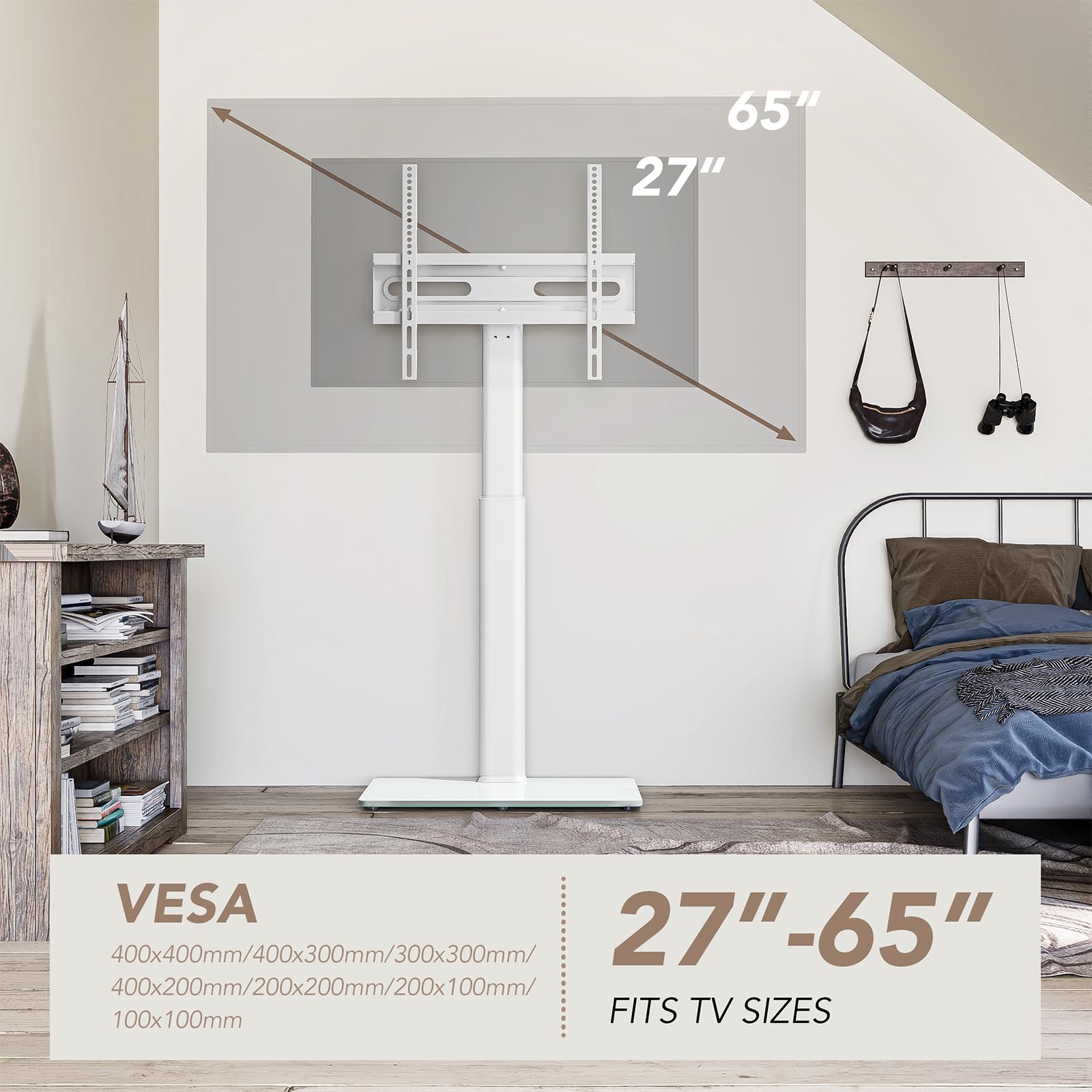 AX WABER Universal Floor TV Stand with Mount 70 Degree Swivel 9 Level Height Adjustable and Space Saving Design for Most 27 to 65 inch LCD, LED OLED TVs, Perfect for Corner & Bedroom White AX1006TW