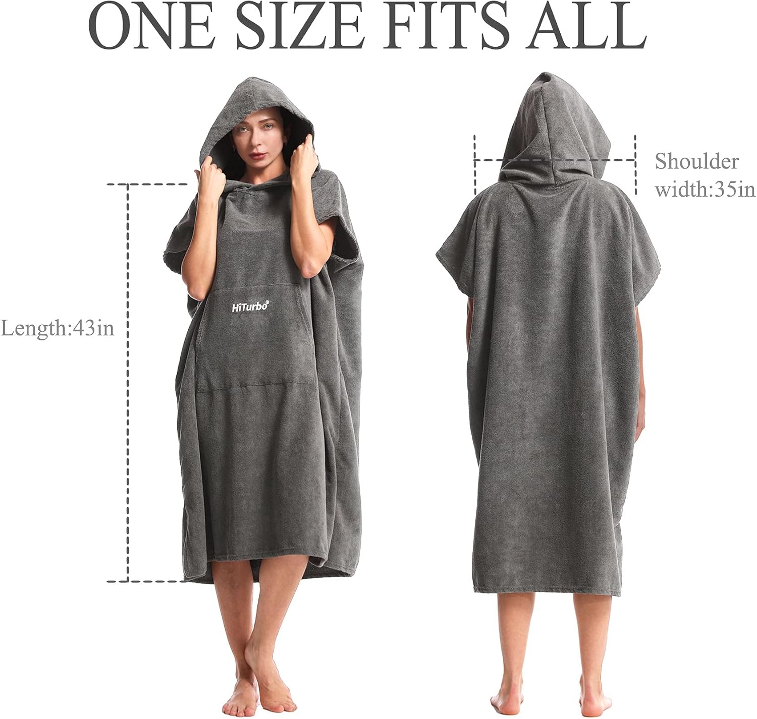 Hiturbo Changing Towel Robe, Absorbent Hooded Surf Poncho Quick-Dry Blanket Towels with Front Pocket for Swiming Surfing Aquatics One Size Unisex (Gray)
