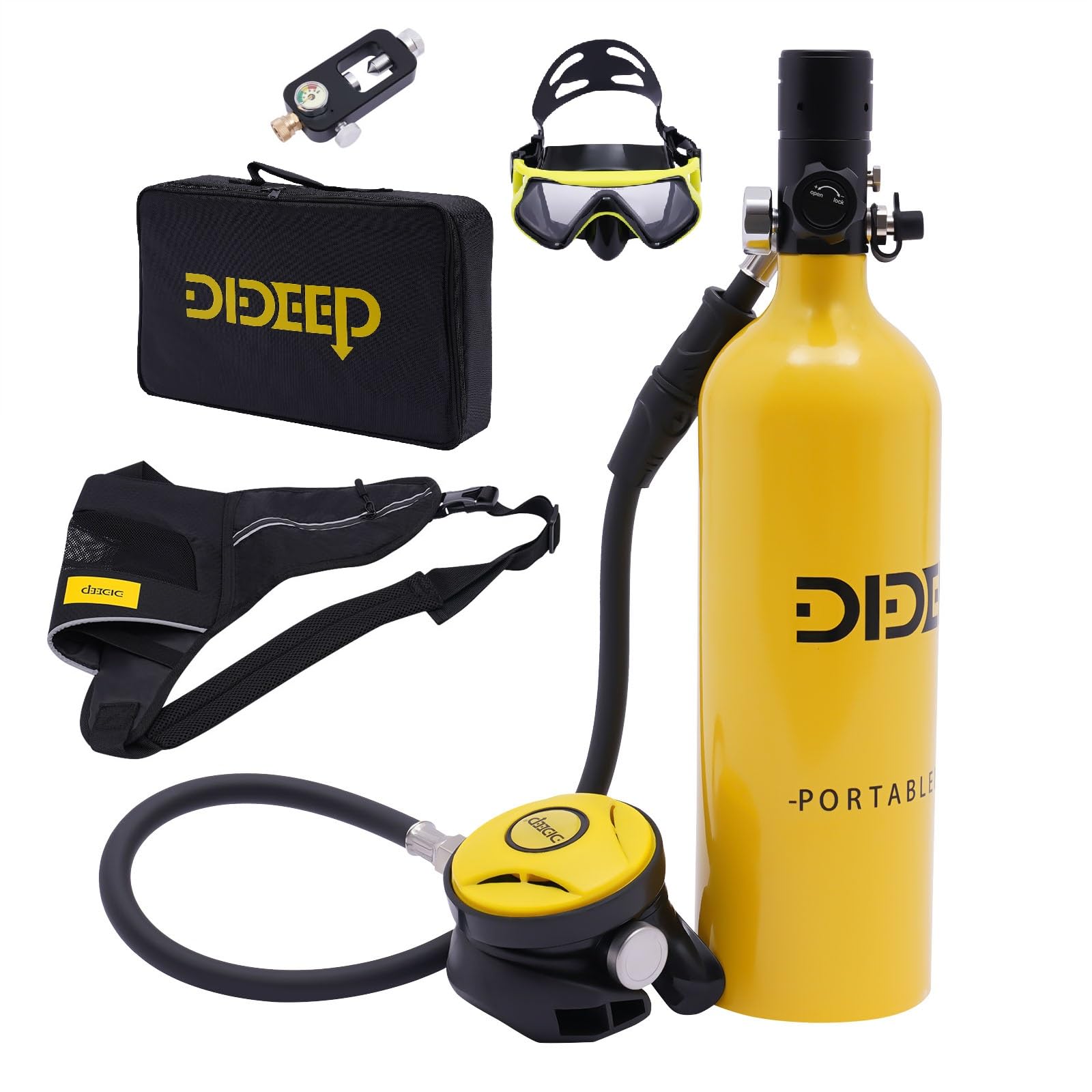 Mini Scuba Tank 1L Portable Diving Tank, Lung Tank Kits w/Pump 15-20 Minutes Underwater Diving Gear Small Scuba Diving w/Tank Gear Mirror, Adaptor, Mini Carrying Bag