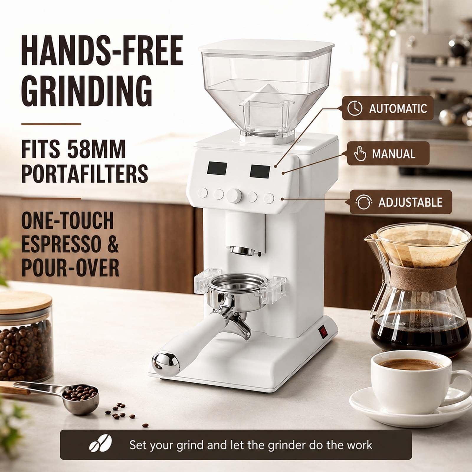 Molinillo de Espresso Profesional para Baristas Caseros, 120 Ajustes, 300 W Black | Muelas planas de 50 mm, molienda a baja temperatura de 1100 RPM, soporte de 58 mm, dosificación temporizada