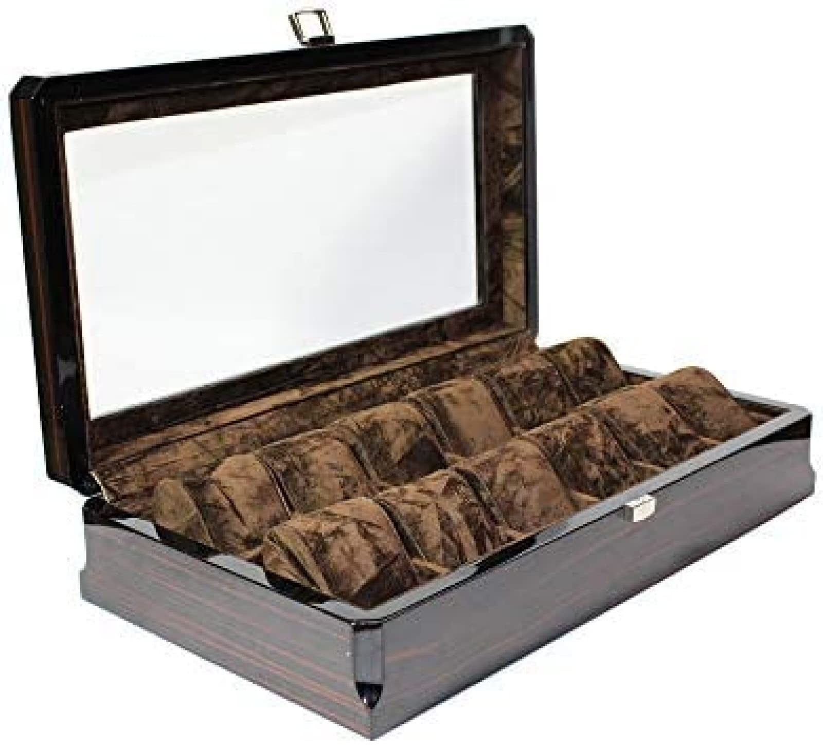 YNBSHGAA Wooden Watch Box with 12 Slots, Watch Jewellery Storage Box for Men Women, Watch Display Case with Glass Lid, Removable Watch Pillow, Metal Clasp