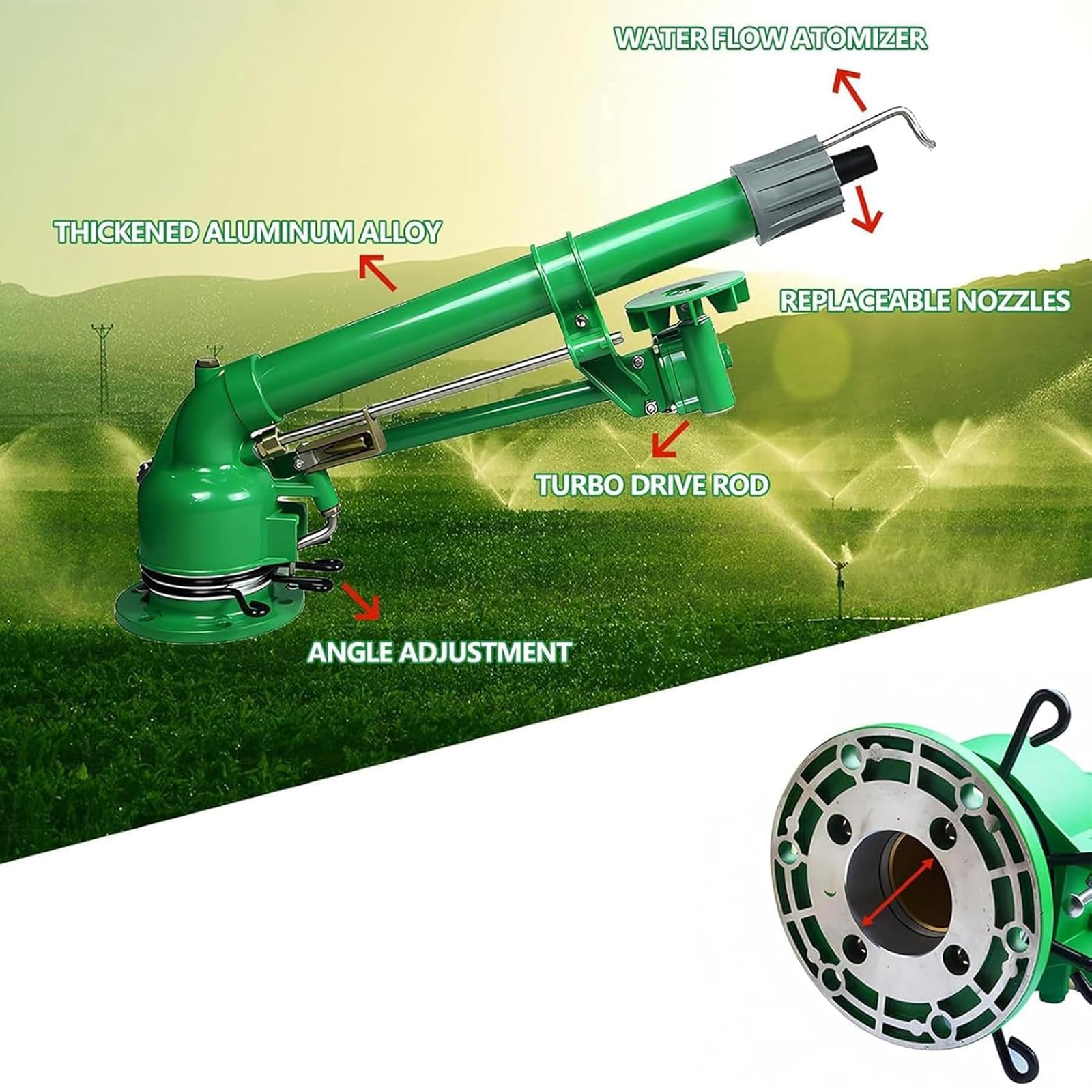Irrigatore a impatto con manometro, raggio di spruzzo 28-60 m, treppiede resistente per irrigazione, soppressione della polvere e cantieri