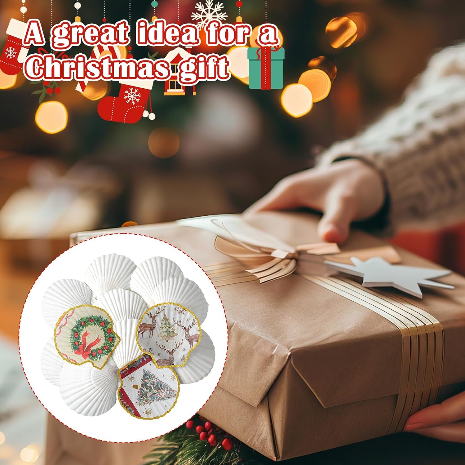 Halloscume 12 Set Christmas Scallop Shells for Crafts 4''-5'' White Natural Large Shells with 24 Pcs Xmas Decoupage Napkins, Acrylic Paint & Brushes for DIY Holiday Ornaments, Christmas Decor, Gift