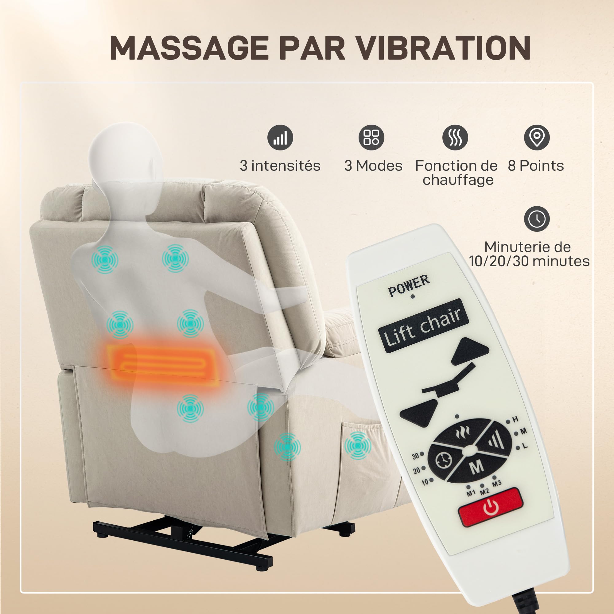 HOMCOM Fauteuil releveur électrique avec fonction massage et chauffage, fauteuil relax électrique en velours, dossier inclinable, ports USB, télécommande, fauteuil relaxant pour personnes âgées, beige
