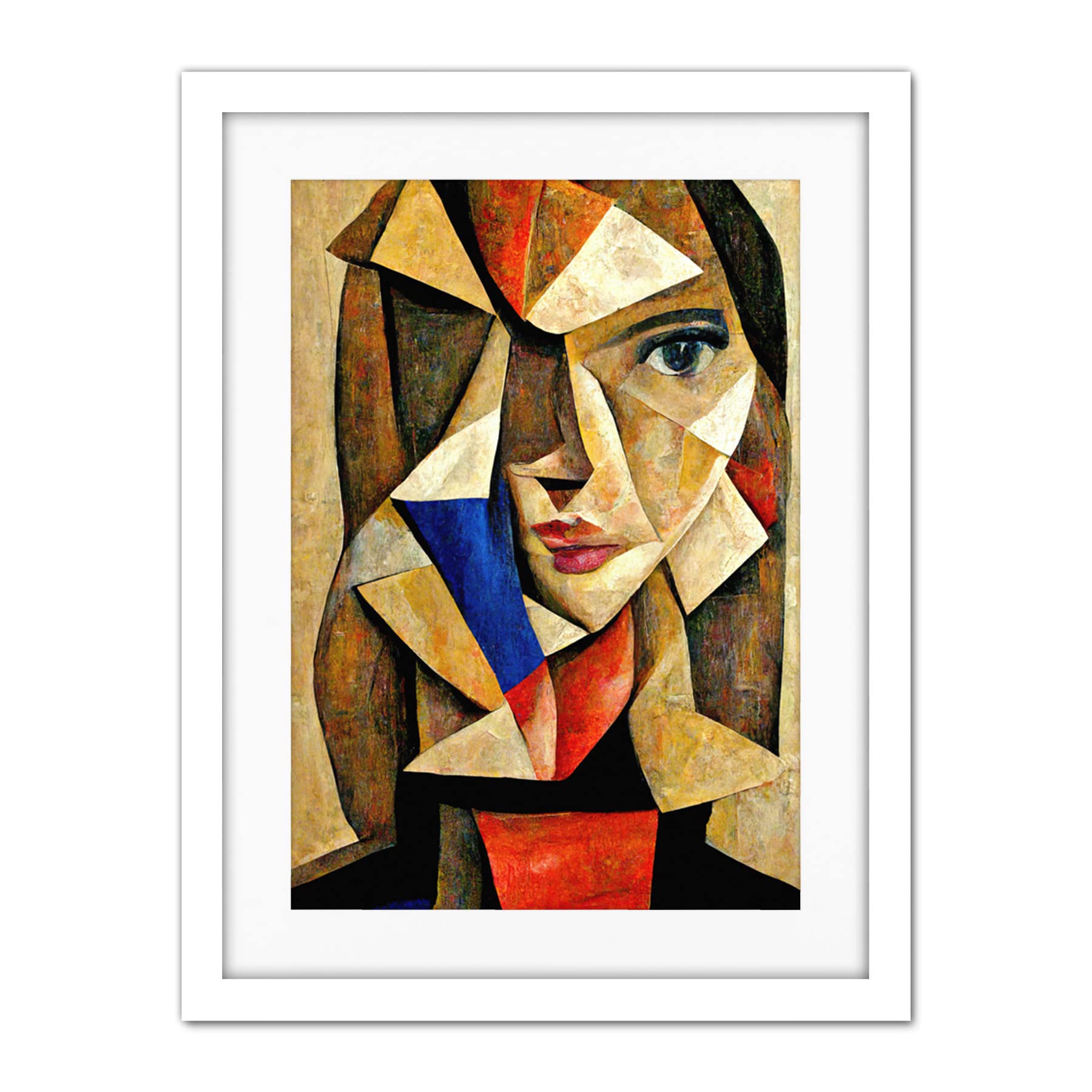 Doppelganger33 LTD Painting Cubism Style Portrait Of Young Woman Beige And Brown Artwork Framed Wall Art Print 18X24 Inch