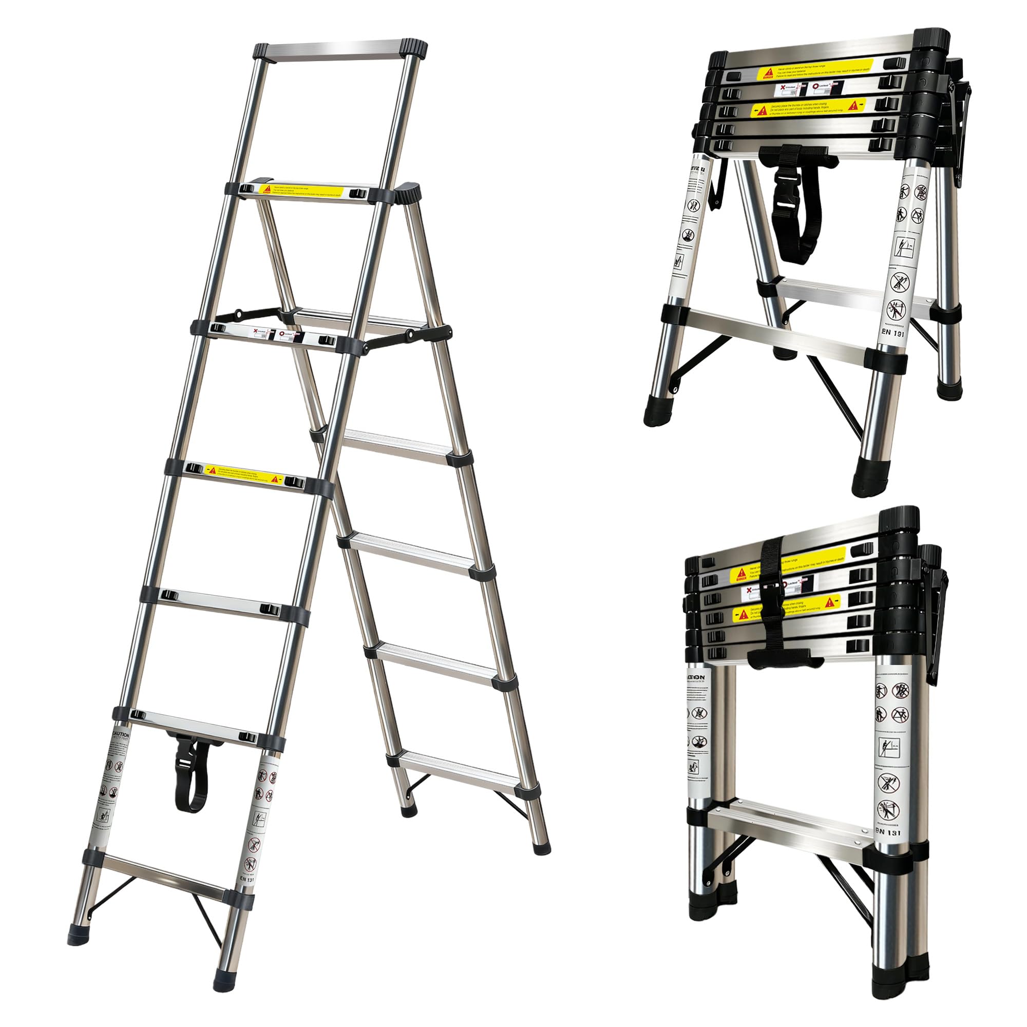 1.7+2m Escalera Plegable de Acero Inoxidable,Escalera 5+6 peldaños,Escalera TelescóPica Estructura en Forma de A,Escalera Extensible Bloqueo de Seguridad Carga máxima de 150 kg