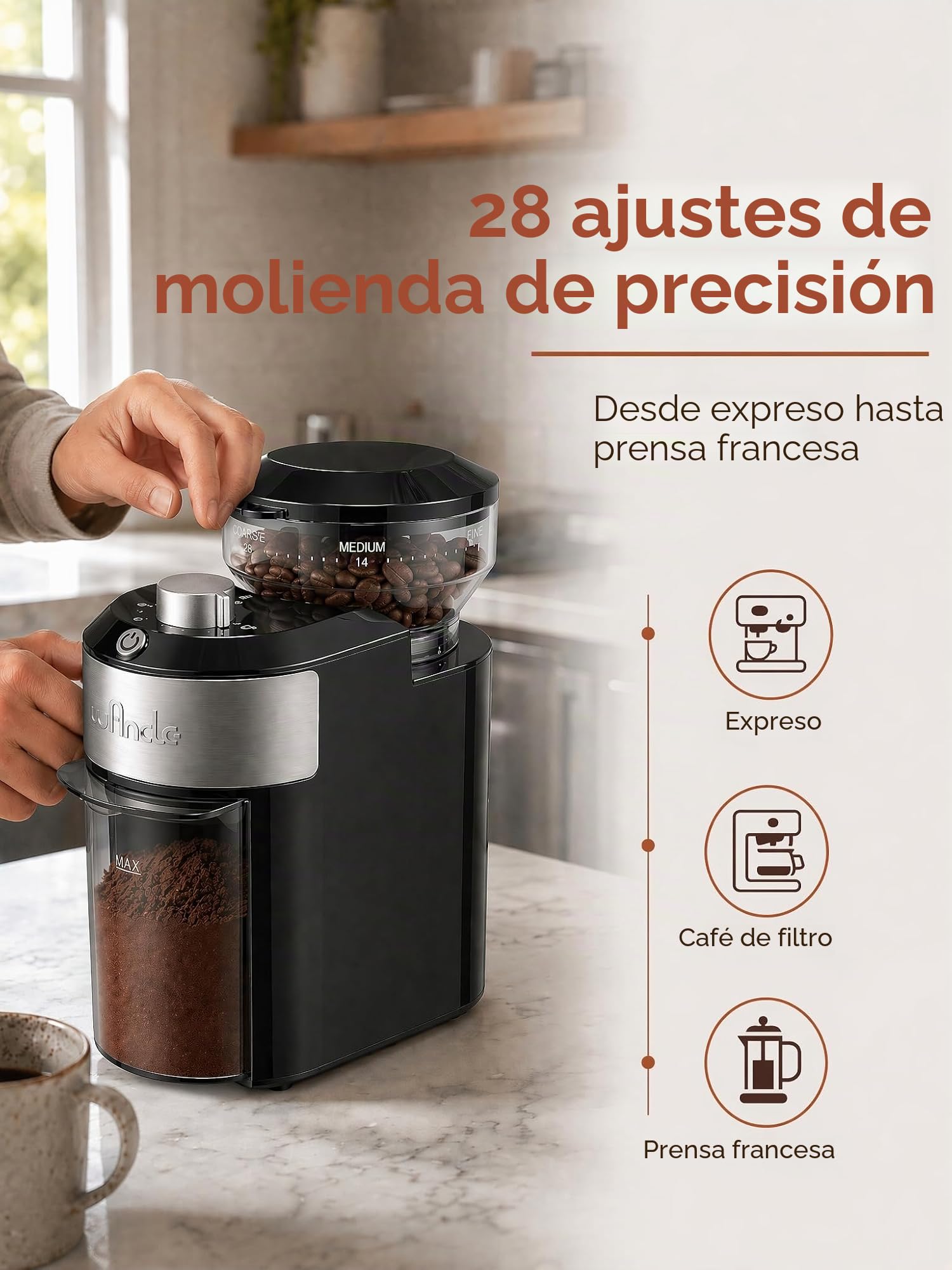 Wancle Macinacaffè – Macinacaffè elettrico regolabile con 28 livelli di macinatura - macinatura precisa per 2-12 tazze - Per Espresso, caffè filtro e French Press, 220V