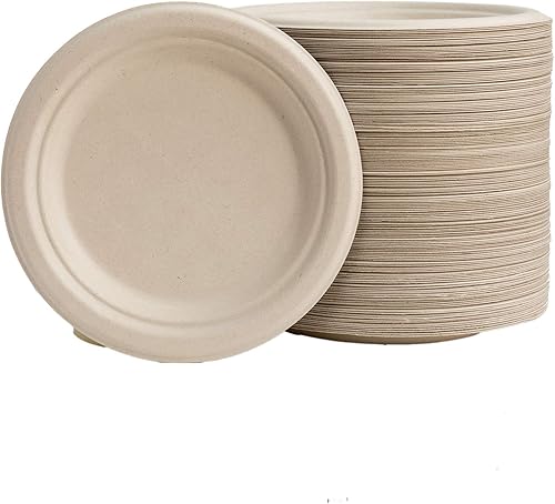 Glitzhome Oak Plus - Platos de papel compostables ecológicos de 7 pulgadas, paquete de 600, caña de azúcar desechable natural (OPL1004)