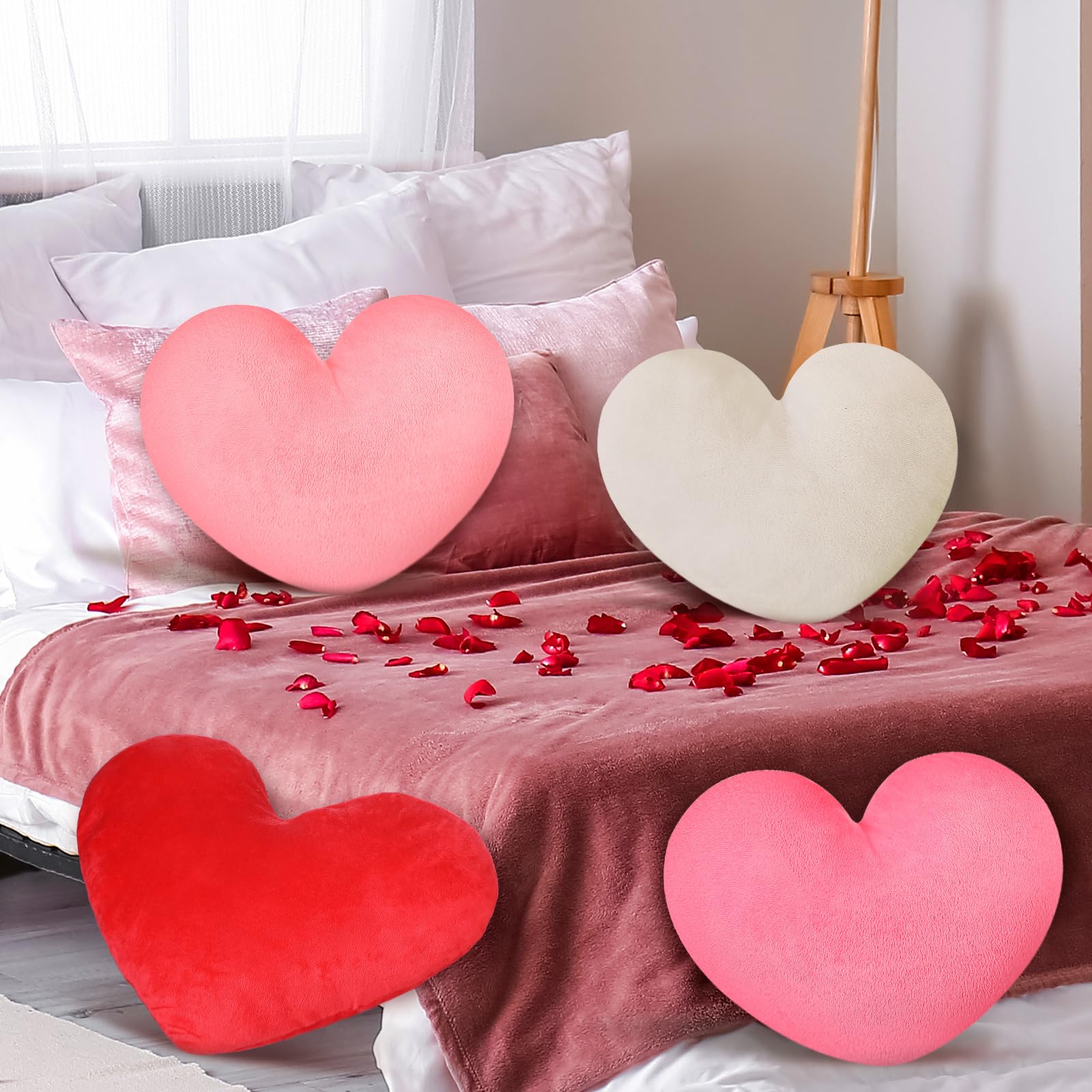 Suzile 4 Pcs Heart Pillows Valentine's Day Heart Shape Pillows Cushion Plush Love Pillow Valentine Decorative Heart Throw Pillow for Friends Living Room Dining Office Sofa Chairs, 14"