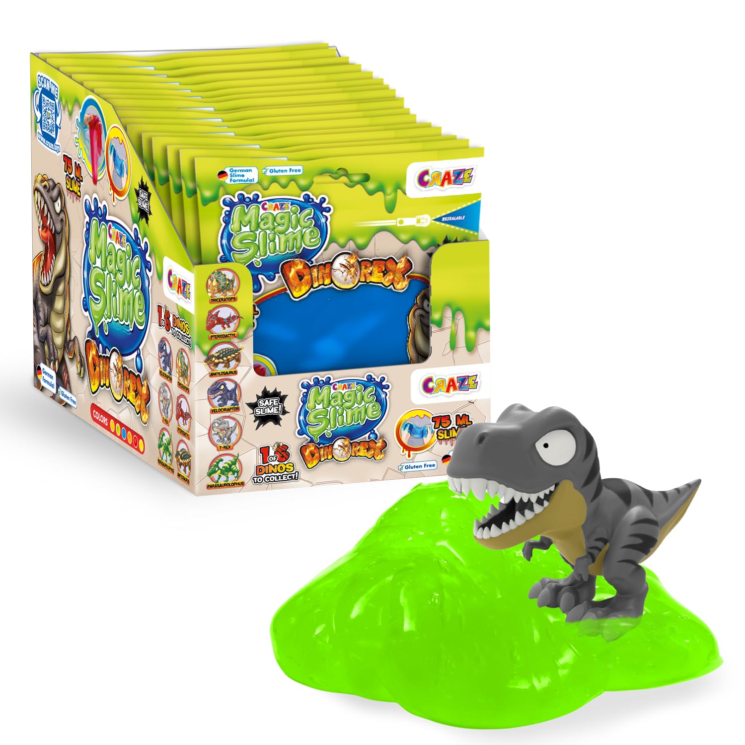 CRAZE MAGIC SLIME Dinorex Slime for Kids 18 x 75ml Bags – Kids Slime, 1 Small Dinosaur Toy – 6 Random Colours, Alternative to Play Dough - Fun Gifts and Party Favours for Boys & Girls Ages 3+