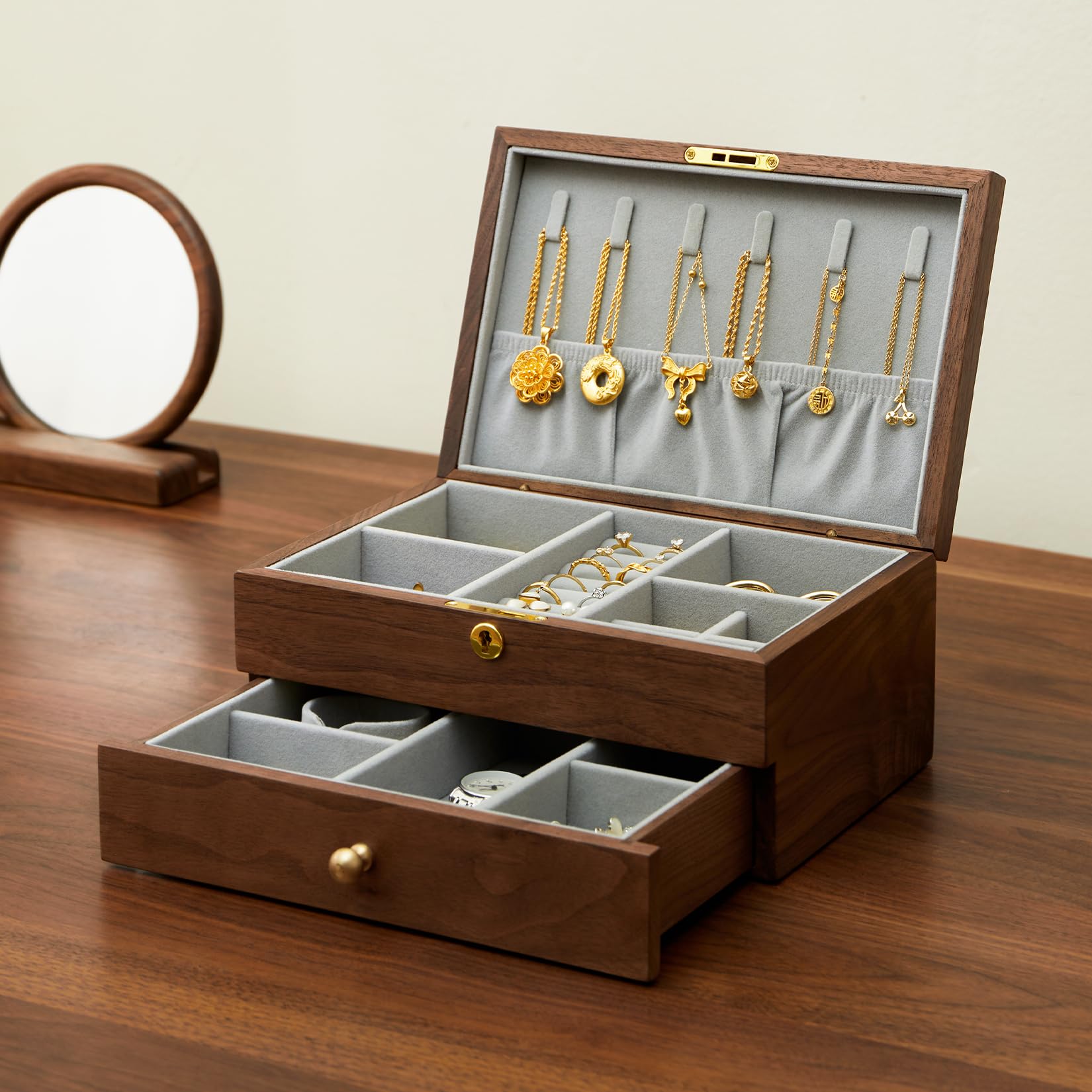 Jewelry Box Organizer for Women Men Wooden Jewelry Box with Velvet Lining Black Walnut Double Layer Earring Ring