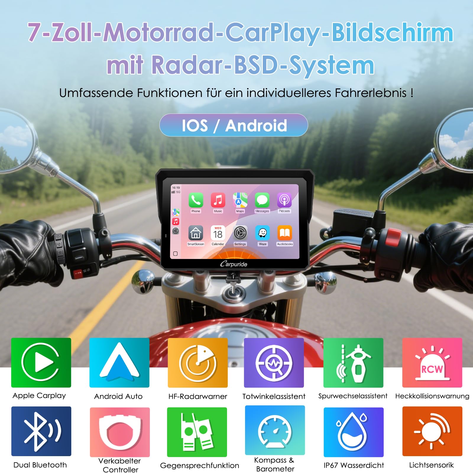CARPURIDE W702RS Pro Motorrad Carplay Bildschirm mit Radar BSD und BM05 Halterung, Wireless CarPlay & Android Auto, 7 Zoll wasserdichter Touchscreen, Gegensprechfunktion, Dual Bluetooth