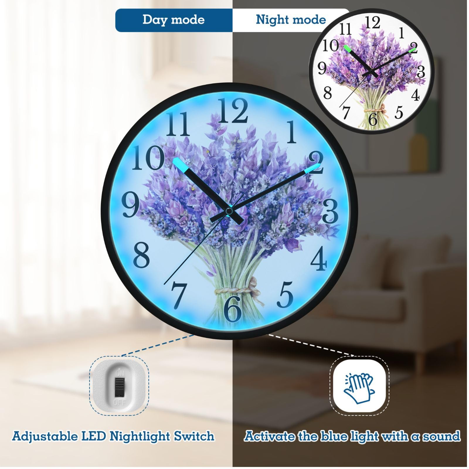 Mnsruu Reloj de pared luminoso con ramos de lavanda morada, reloj de pared que brilla en la oscuridad, funciona con pilas, 12 pulgadas, silencioso, sin tictac, luz nocturna para dormitorio