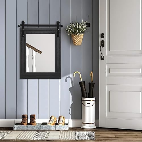 Miniatura 7 de AAZZKANG Espejo con marco negro grande estilo puerta de granero, espejo de madera, rectangular, decorativo, baño, dormitorio, tocador, decoración de
