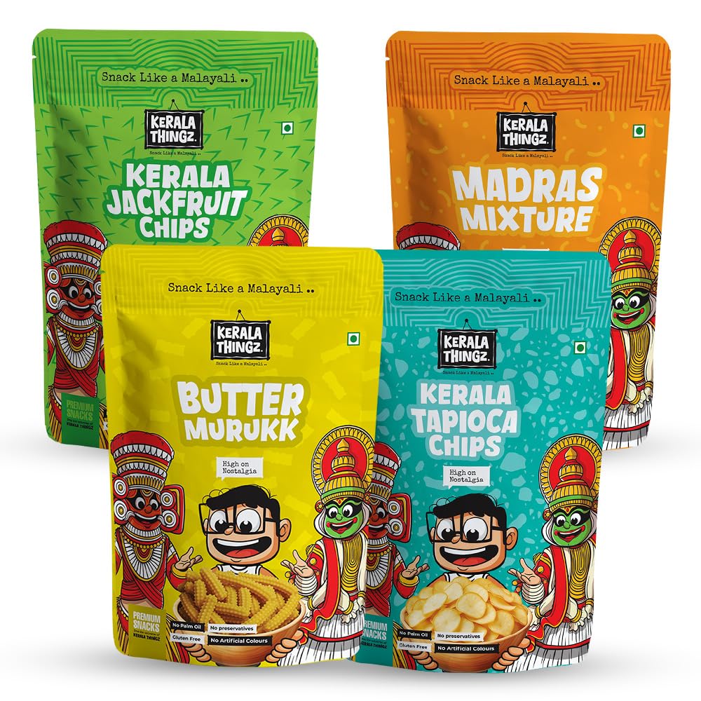 Kerala Thingz Jackfruit Chips, Madras Mixture, Butter Murukku & Tapioca Chips Combo Pack 530g | Authentic Kerala Snacks Variety Pack | Crunchy Indian Snacks | No Palm Oil, No Preservatives