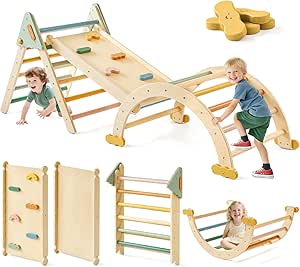 Tiny Land Pikler Triangle Set,7-in-1 Foldable Montessori Toddler Climbing Toys Indoor, Wooden Playground Jungle Gym for Kids, Climber Gift for Boys & Girls Toddler Climbing Toys (Morandi)
