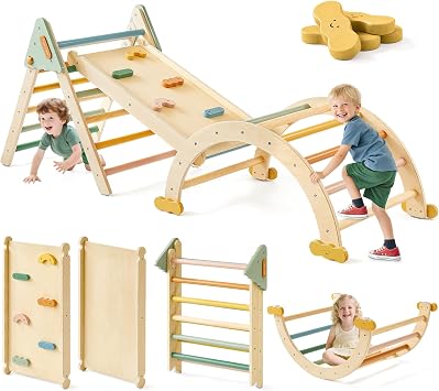 Tiny Land Pikler Triangle Set,7-in-1 Foldable Montessori Toddler Climbing Toys Indoor, Wooden Playground Jungle Gym for Kids, Climber Gift for Boys & Girls Toddler Climbing Toys Morandi