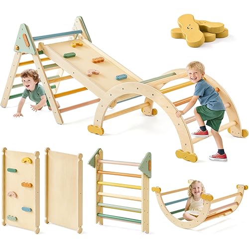 Tiny Land Pikler Triangle Set,7-in-1 Foldable Montessori Toddler Climbing Toys Indoor, Wooden Playground Jungle Gym for Kids, Climber Gift for Boys & Girls Toddler Climbing Toys (Morandi)