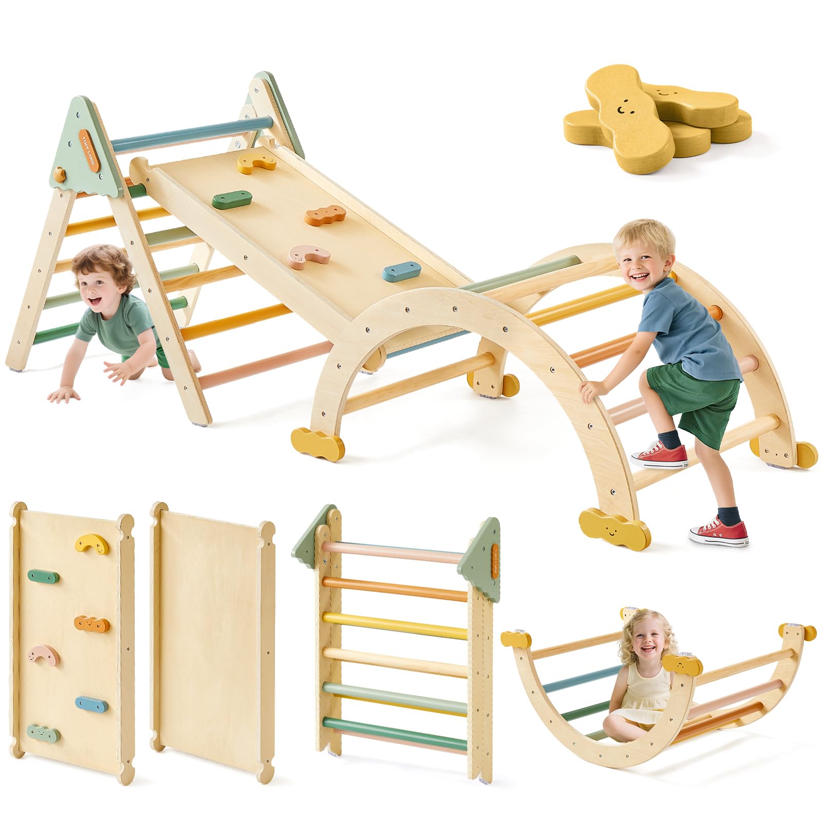 Tiny Land Pikler Triangle Set,7-in-1 Foldable Montessori Toddler Climbing Toys Indoor, Wooden Playground Jungle Gym for Kids, Climber Gift for Boys & Girls Toddler Climbing Toys (Morandi)