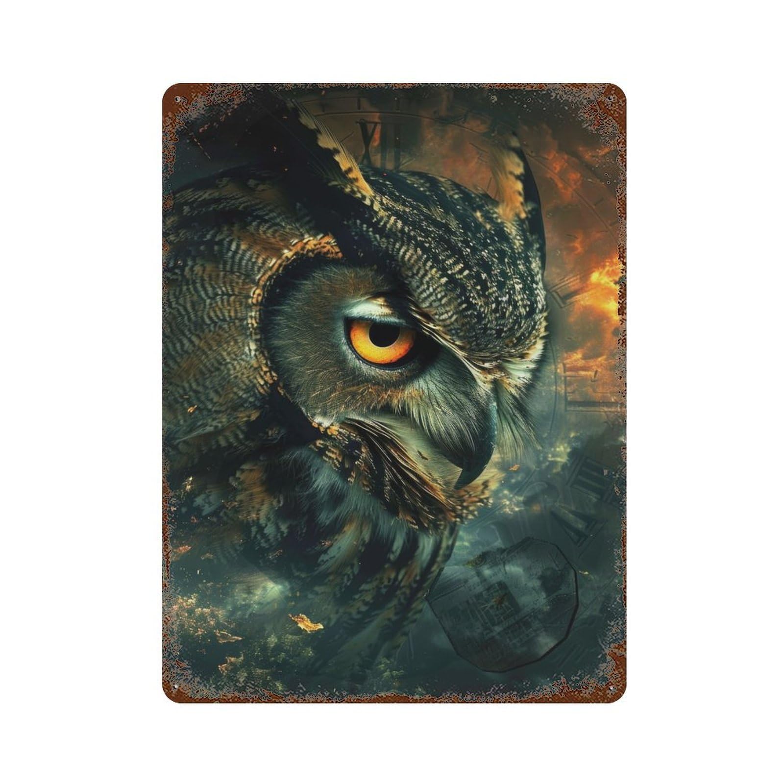Rust Effect Tin Sign Stygian Owl 15.7"x11.8", Vintage Wall Decor for Living Room, Hallway And Home Decor
