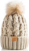 PAGEONE Women's Chunky Cable Knit Beanie Hat with Pompom - Warm Ribbed Winter Slouchy Cap for Outdoor Activities