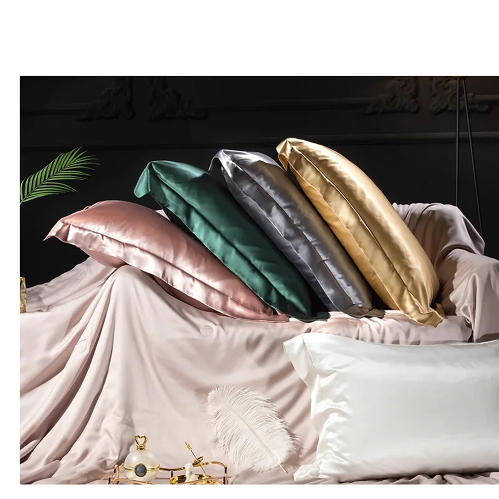 Fundas de Almohada de satén con Cremallera， Mora Natural Pura de Doble Cara(Pistachio)