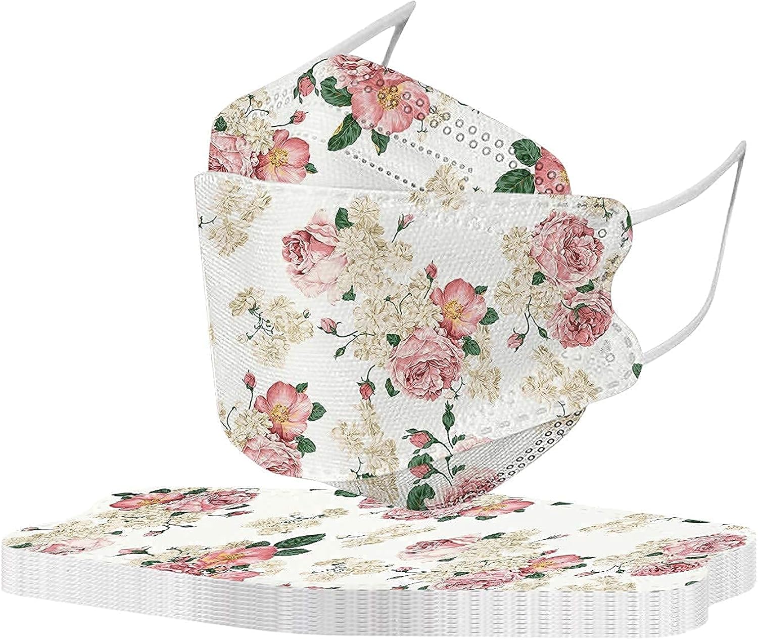 GAGAMO 50PC 3D Disposable Face_mask Fish Type with Flower for Women, 4-Ply Breathable Floral with Nose Wire, Protective Disposable_mask with Printed Design, Multicolor, 20x8 cm / 7.87x3.15 in