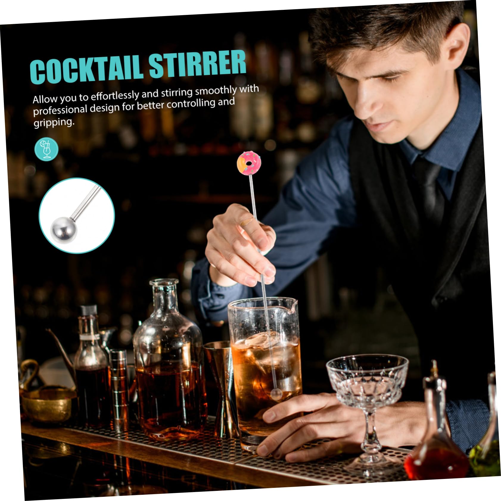 MUCKLILY 2Pcs Stainless Steel Drink Stirrer Reusable Cocktail Mixing Sticks Smooth and for Coffee Cocktails and More Effortless Stirring Experience