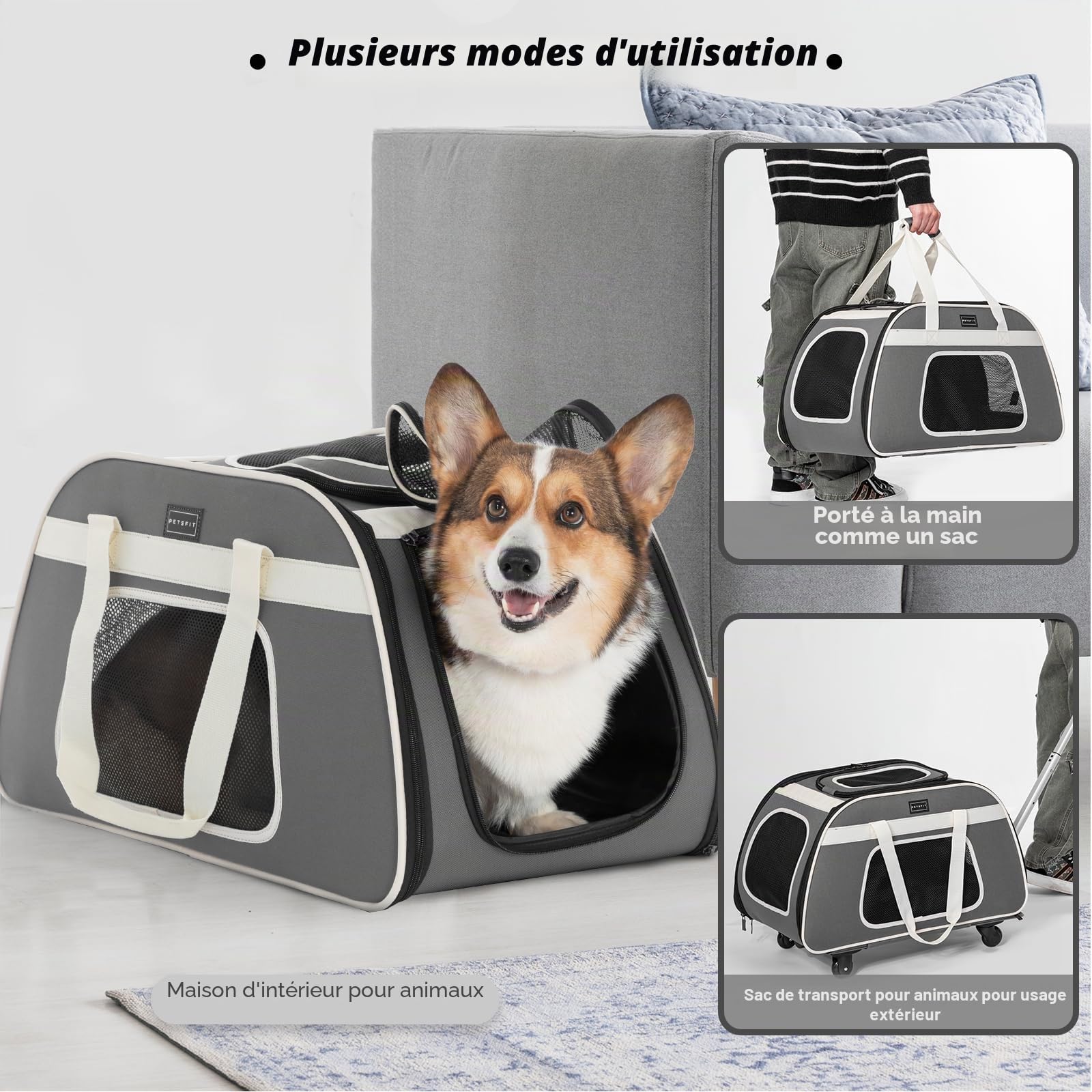 Petsfit Sac Transport Chat avec roulettes Amovibles, Grand Sac de Transport pour Chat pour 2 Chats, Pliable sur roulettes, Chats ou Chiens de Taille Moyenne, avec Fond Imperméable, L/Gris