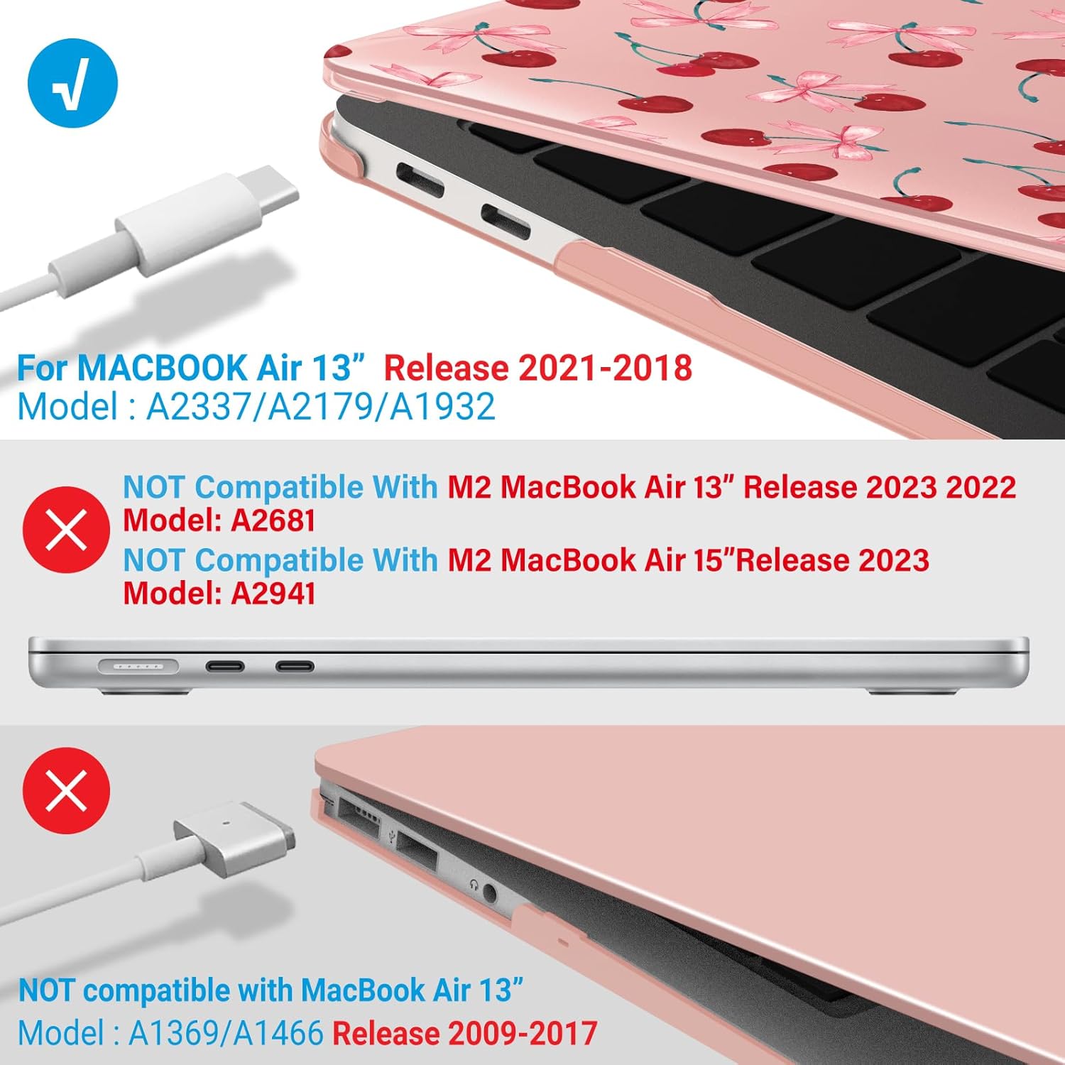 IBENZER Compatible with New MacBook Air 13 inch case 2022 2021 2020 M1 A2337 A2179 A1932, Hard Shell Case&Keyboard Cover&Screen Film for Mac Air 13 with Touch ID (2018-2022), Cherry, AT13-CHRY+2