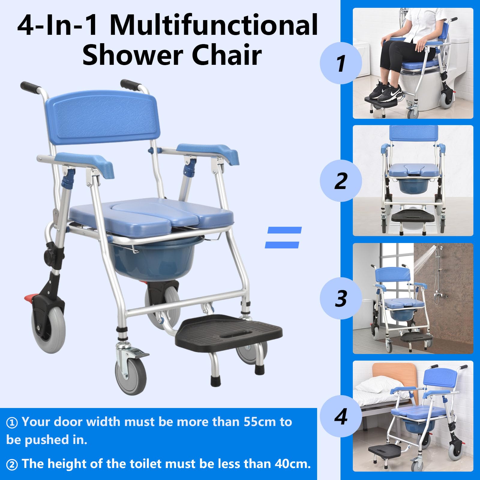 Sedia Comoda WC per Anziani, Sedia Doccia Disabili con Ruote, Multifunzione Sedia a Rotelle Doccia Pieghevole con Braccioli, Carrozzina Doccia per Disabili e Anziani con WC (Blu)