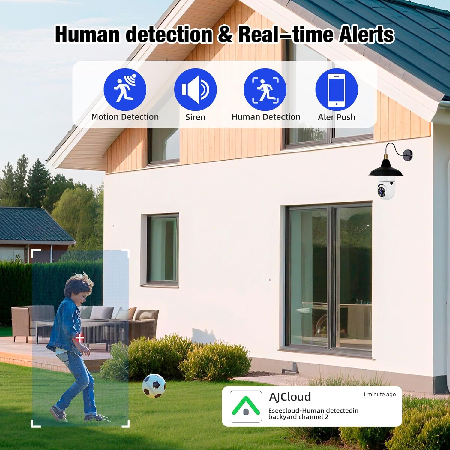 Security camera detecting a child playing in a backyard, sending a real-time alert to a phone