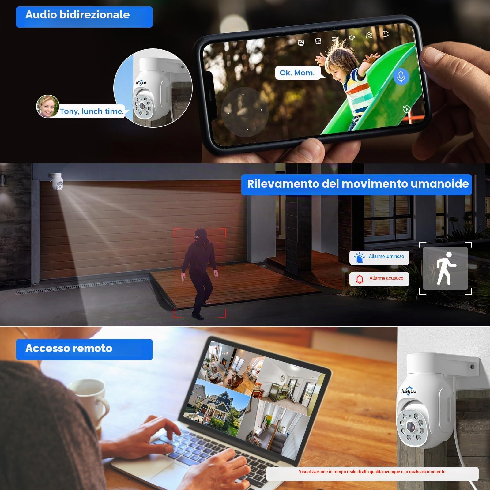 Hiseeu 5MP Telecamera di Sorveglianza Esterna PoE con Cavo Ethernet, 360 ° PTZ Telecamera IP Esterno No WiFi, 30m Visione Notturna Colori, Rilevamento Movimento, Audio Bidirezionale, POE Kit