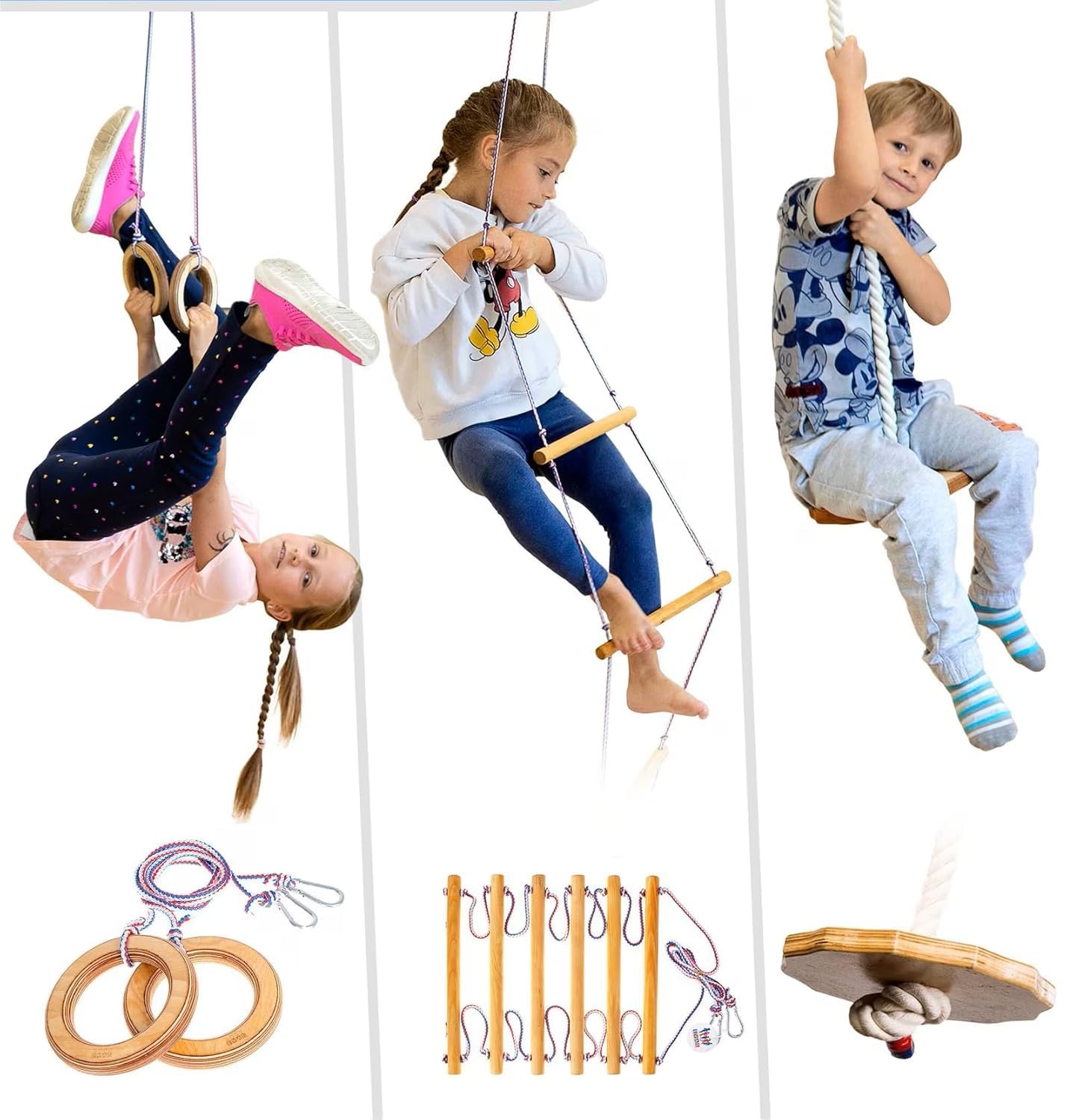 VIXERA Kids Gym Play Set Gymnastics Kit Include Swing, Climbing Ladder, Rope Disc Swing+Trapeze Bar with Rings, Ninja Warrior Obstacle Course for Kids Physical Exercise Tools, Monkey Bars