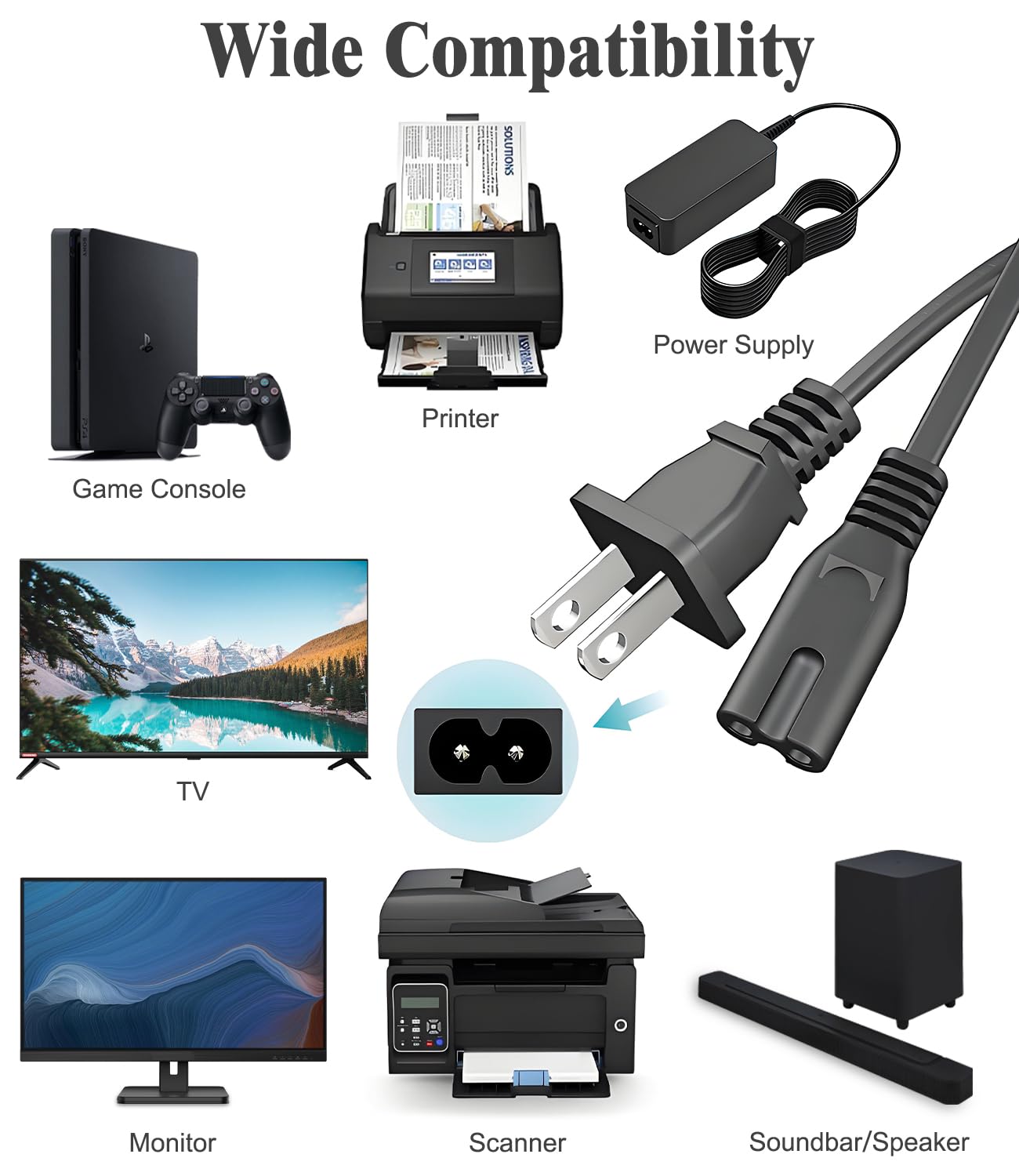 Netzteilkabel für Xbox Series S/X, Xbox One X/S, für Sony PS4 PS5 PS3 Slim PlayStation5 4 3 TV Drucker Universal Lautsprecher Ersatz