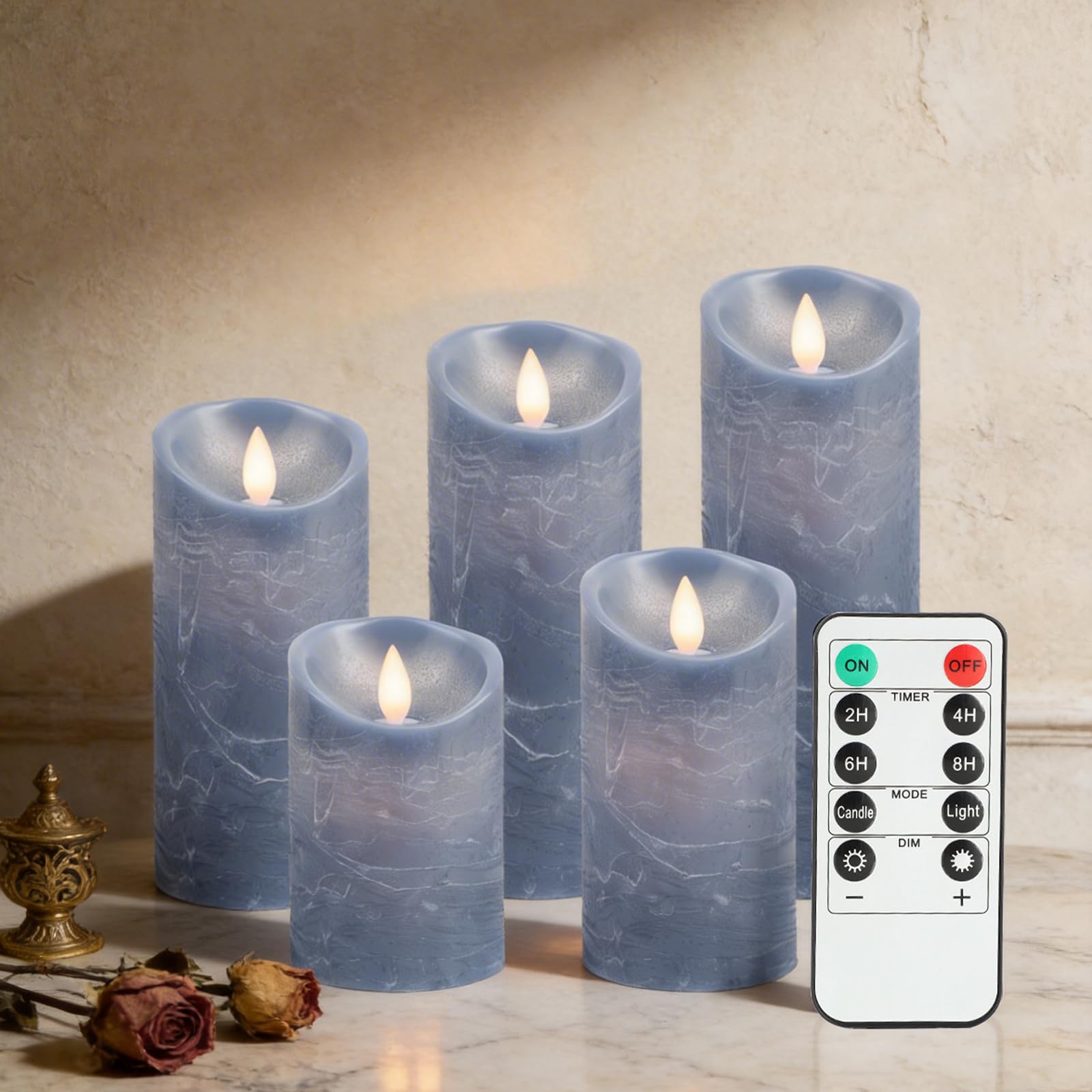 RanBluu 5 Pack LED Candles with Remote Control & 24 Hour Timer, Flameless Real Wax Pillars, Battery Powered Flickering Candles for Birthday/Party/Wedding, Blue