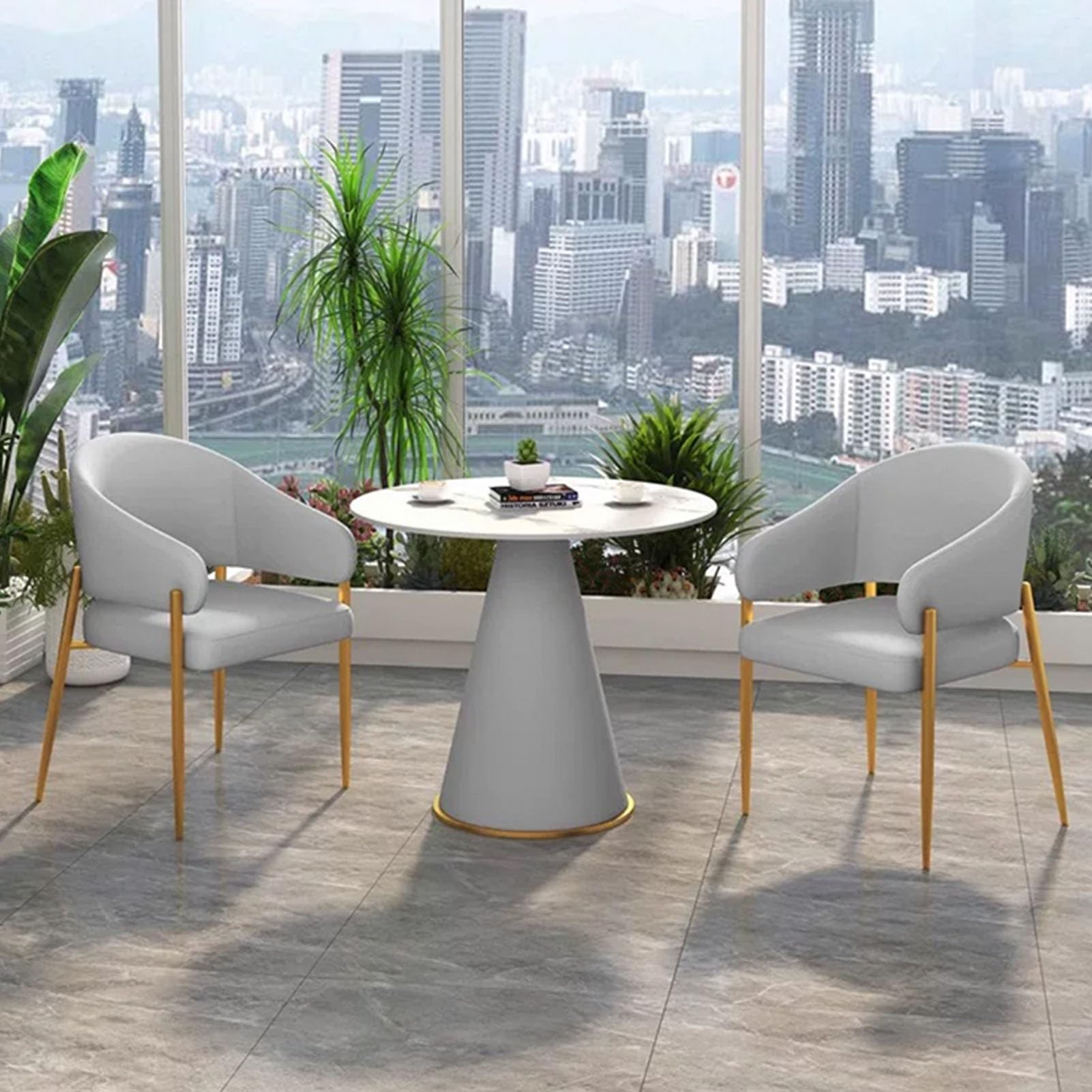 ASerZenith Marble Round Table Set With Pu Backrest Chairs, Small Conference Desk For Reception Negotiation, Leisure Table And Chair For Family Apartment,Light Grey-2 Chairs
