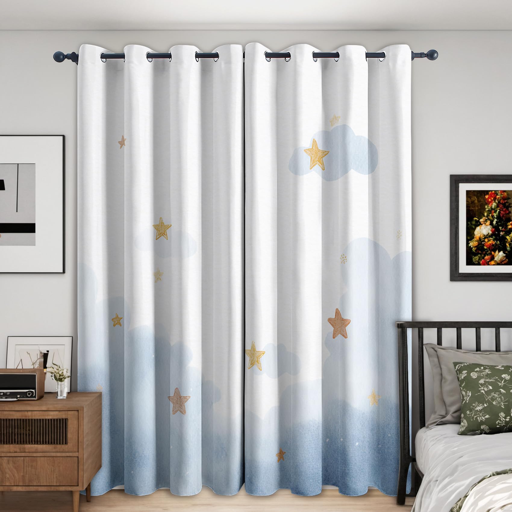 Générique Rideaux Occultants Thermique Motif étoilé Nuage, Rideau Fenetre à Oeillets Imprimé Mignon, pour Decoration Salon Chambre, 75 x 166 (LxH) 2 Pieces UD47
