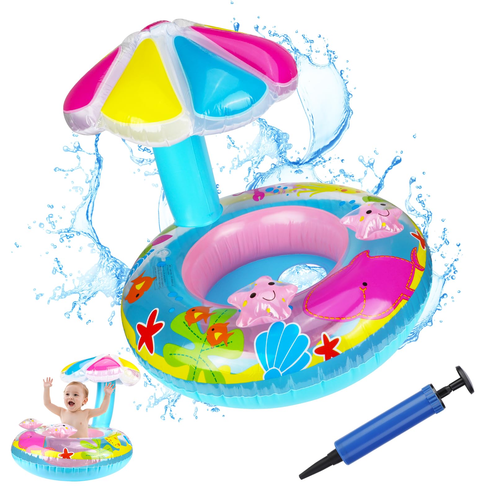 Blue Marine Animals Baby Swimming Ring, Inflatable Swimming Float PVC Safety Aid Seat Circle Swim Float Boat with Mushroom Sun Canopy Inflator for Age 6 Months to 3 Years Toddler Floating Training