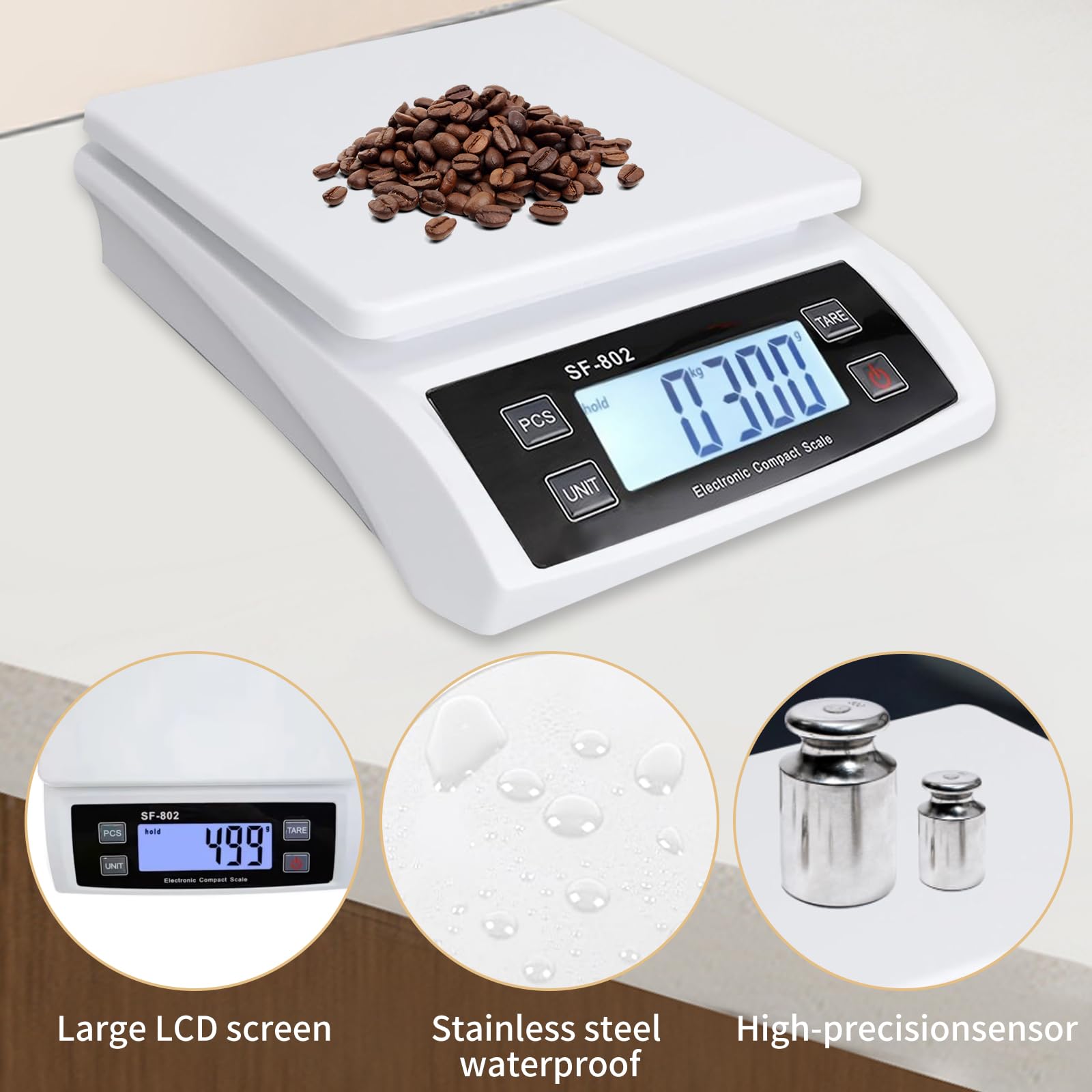 Balance de cuisine numérique 30 kg/0,1 g avec écran LCD, fonction tare, haute précision, fonctionne sur piles, balance à fruits avec 4 unités de mesure pour la cuisine et la pâtisserie (blanche)