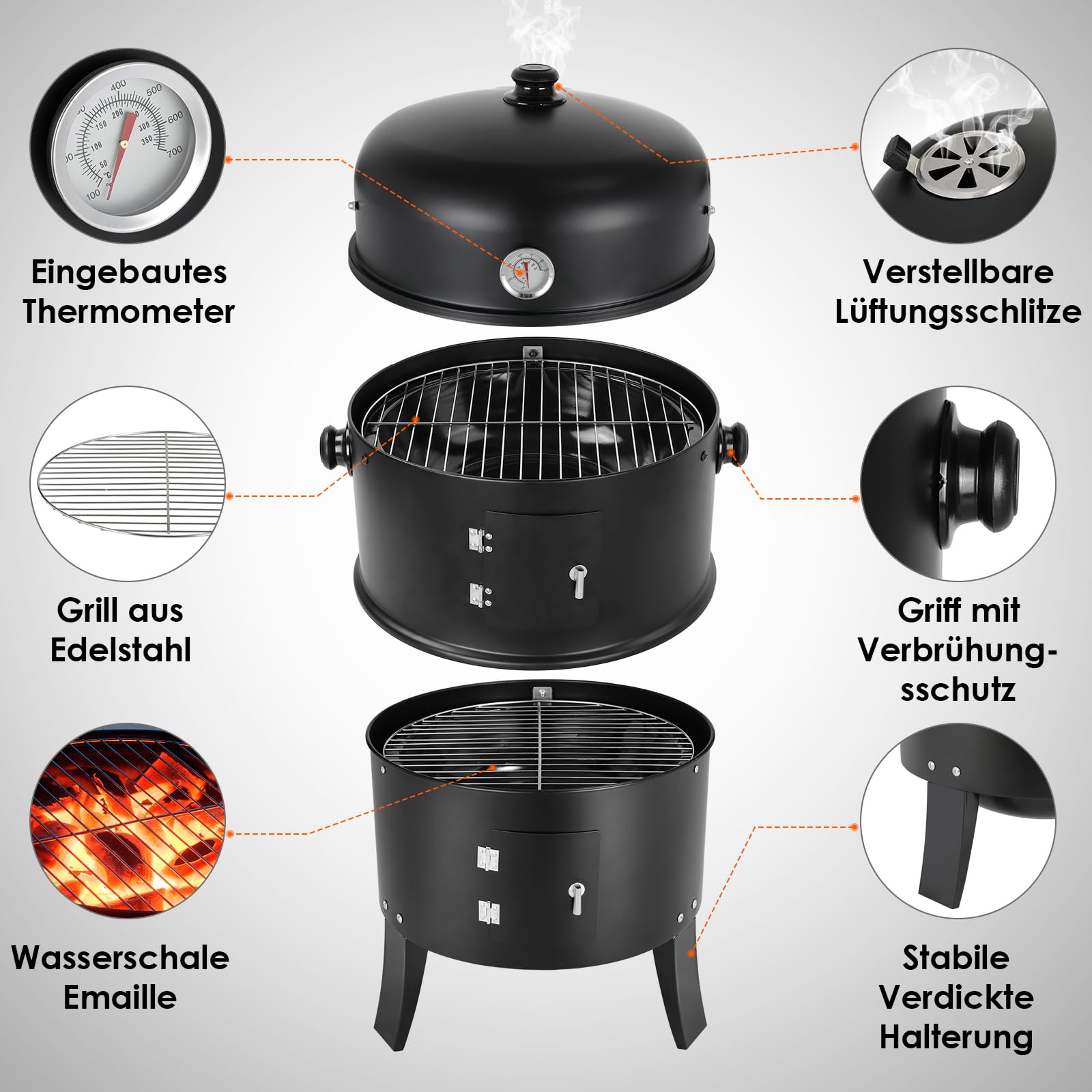 TLGREEN Ahumador 3 en 1, Smoker Barbacoa, Barril de Ahumado, Ø44,5 x 80 cm, Incluye Salida de Aire Regulable y Termómetro, Cuenco de Agua, 2 Rejillas de Barbacoa, para Ahumar, Asar y Cocinar