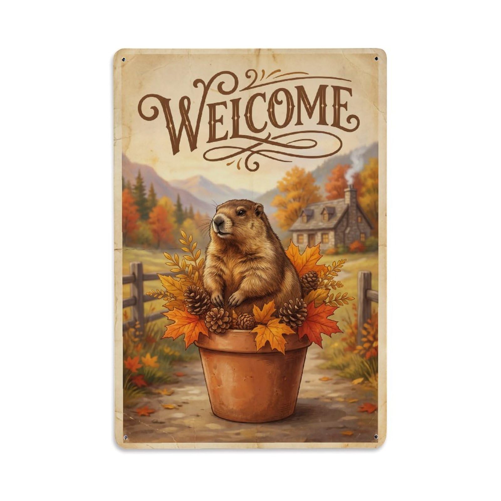 Cxhjca 8X12inch(20X30cm) Vintage Welcome Marmot Peaceful Place Metal Tin Sign