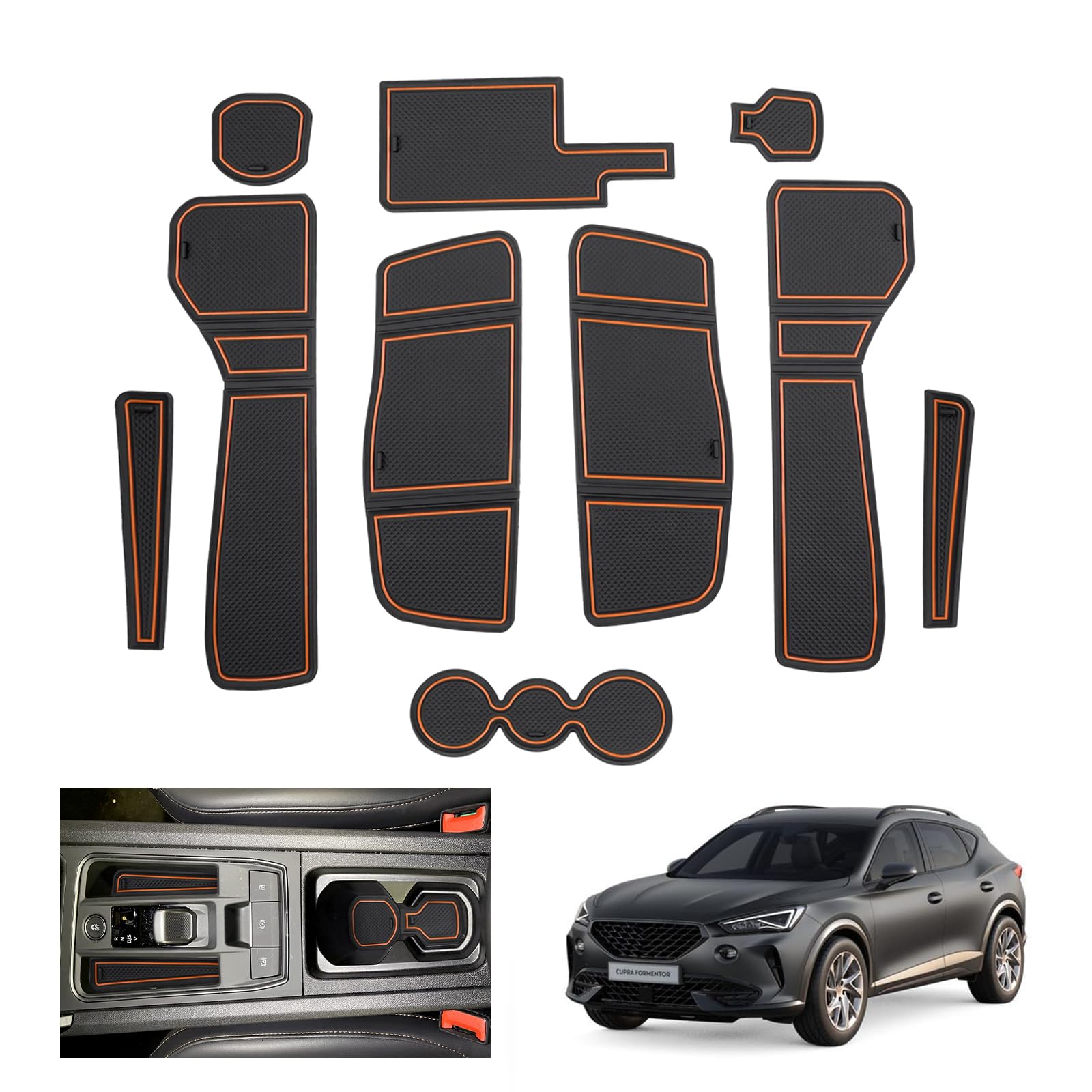 GAFAT Compatibile con Cupra Formentor 2021-2023 2024 (Automatico Elettronico) Tappetini Antiscivolo in Gomma, Formentor 2023 Tappetino Console Centrale, Cuciture Porte, Formentor Accessori (Ottone)