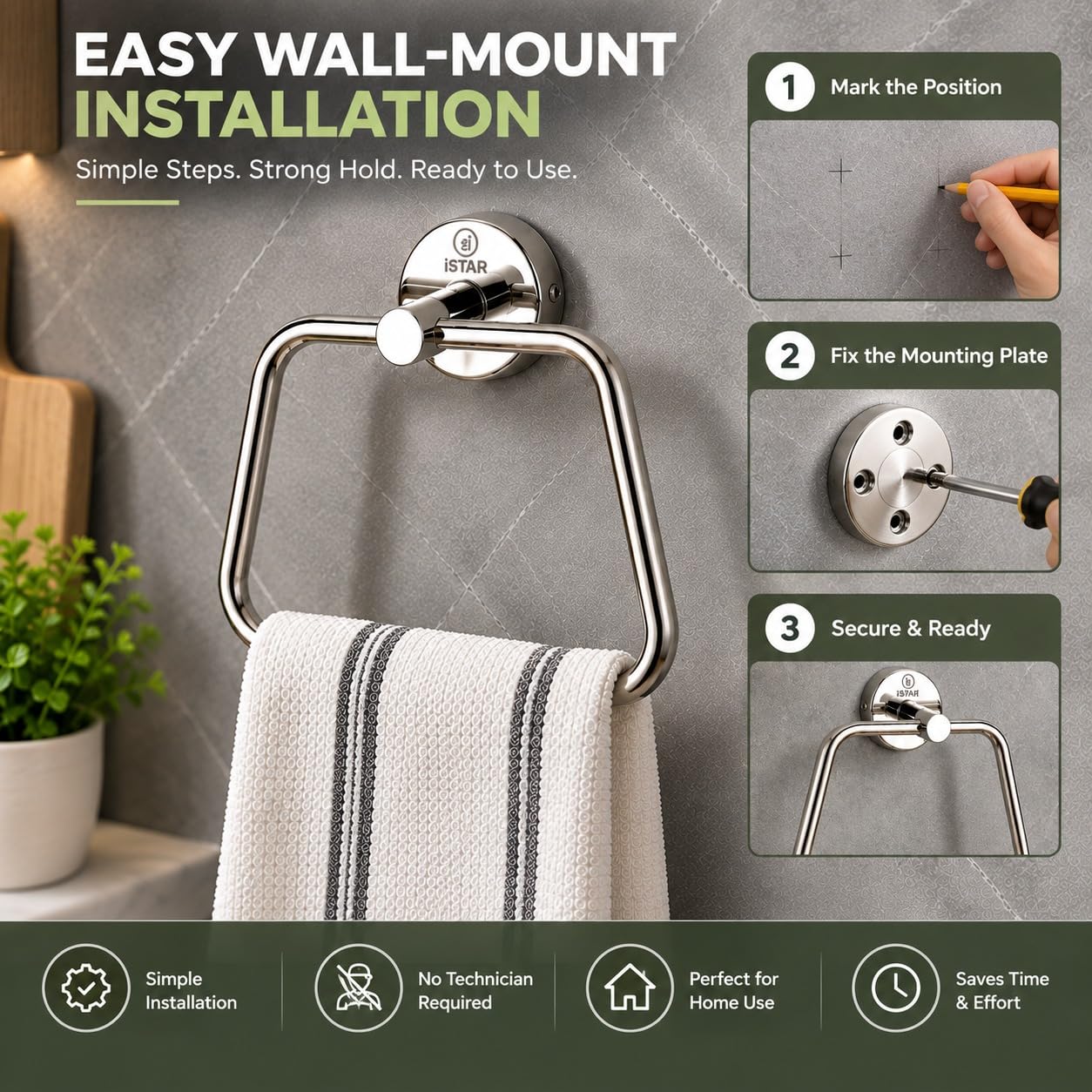 iSTAR Towel Ring for Wash Basin | Stainless Steel Towel Ring/Napkin Holder for Bathroom & Kitchen – Wall Mounted Towel Stand/Hanger with Chrome Finish (Pack of 1) — Amazon image 6