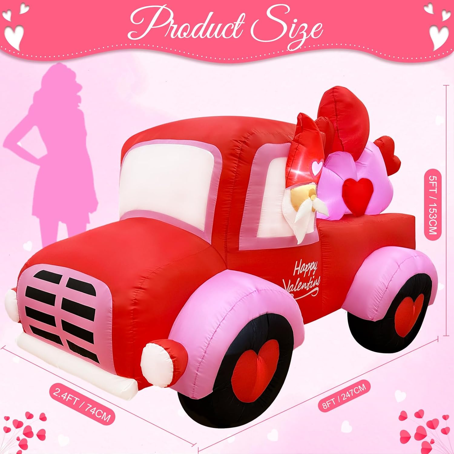 AerWo 8FT Valentines Day Inflatables Outdoor Decorations, Lovely Gnome Drives a Car with Build-in LED Lights, Gnome Valentines Day Decor Blow Up Yard Decorations for Party Lawn Sweet Valentines Gift