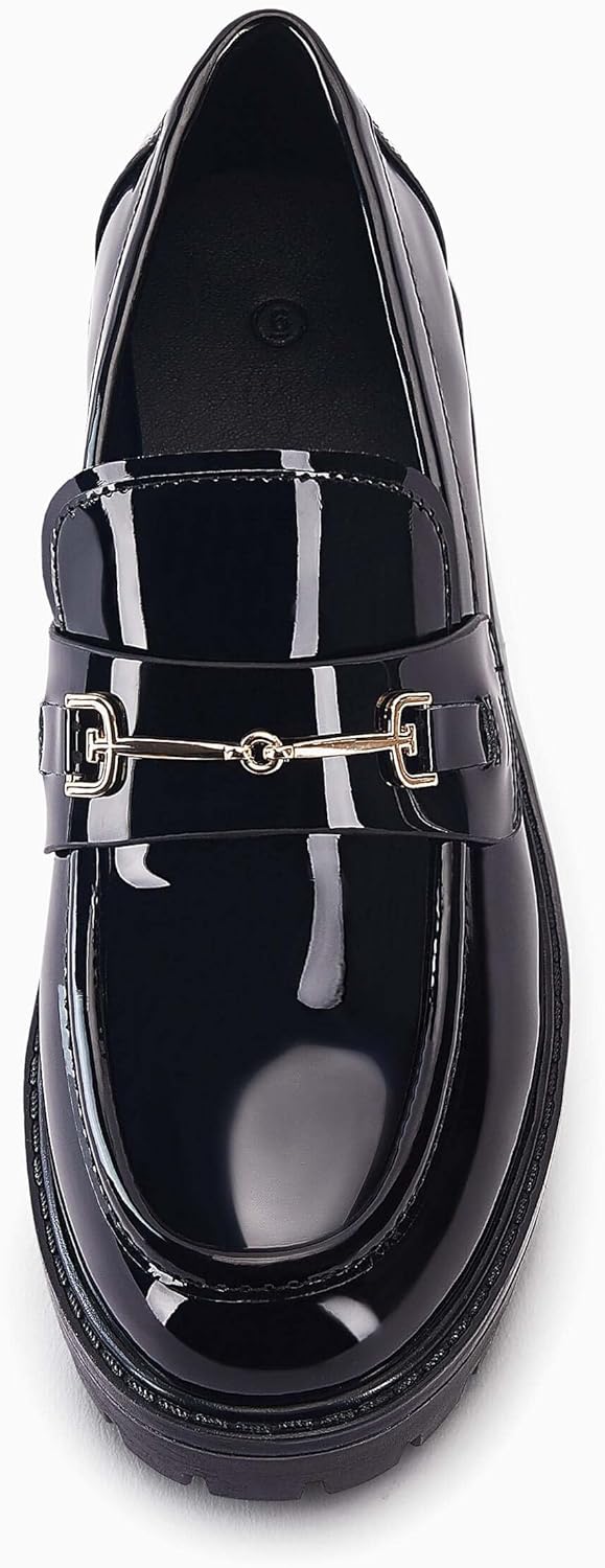 VETASTE Womens Lug Sole Platform Mid Chunky Heel Loafers Classic Round Toe Slip On Office Uniform Oxfords Shoes with Metal Chain - Image 4