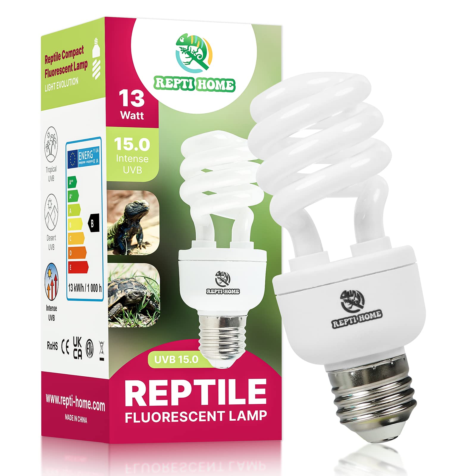 UVB Reptile Light 15.0, 13W Intense UVA UVB Bulb for Reptiles, Terrarium Compact Fluorescent Lamp, Reptile UVB Light Bulb for Desert Reptiles & Amphibians